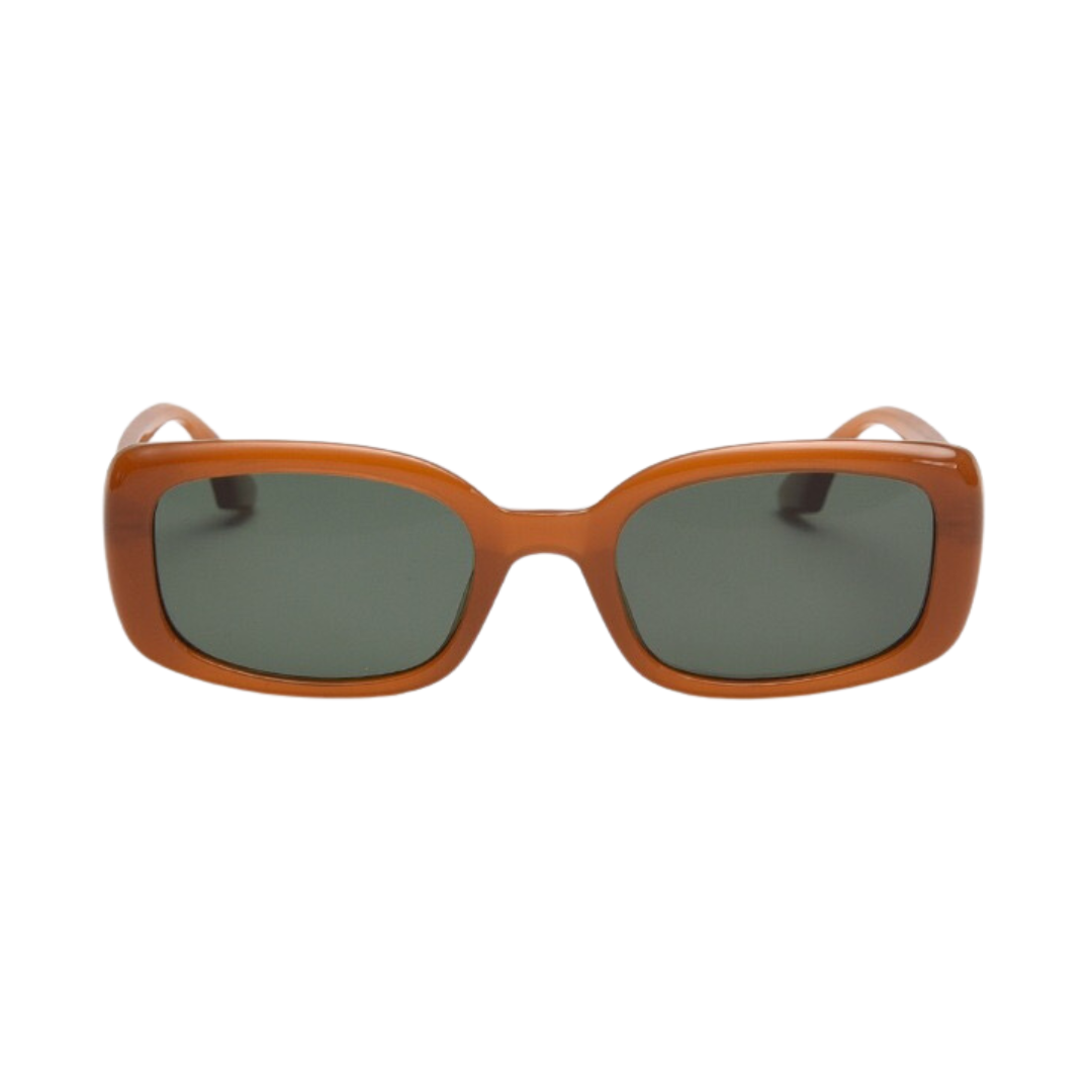 Amber tortoise shell rectangle sunglasses, 90s retro style featuring polarized lenses and UV400 protection, chic everyday fashion accessory.