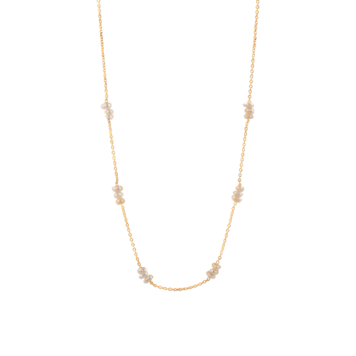 Dainty 18K gold plated station necklace featuring small white freshwater rice pearls spaced evenly on a fine gold chain