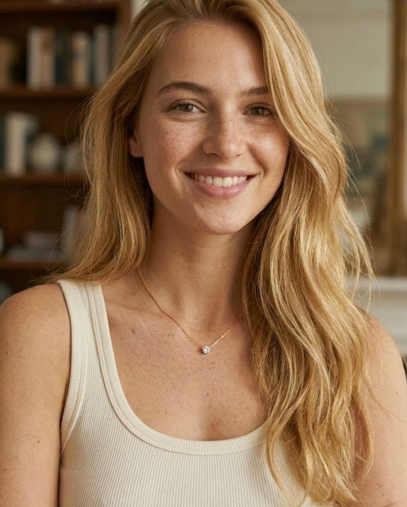 18K gold plated stainless steel necklace with a single round sparkling zircon solitaire pendant. Dainty Solitaire Diamond Necklace, 18K Gold Plated Stainless Steel, Waterproof Sparkly Round Zircon Pendant, Tarnish Free Everyday Jewelry