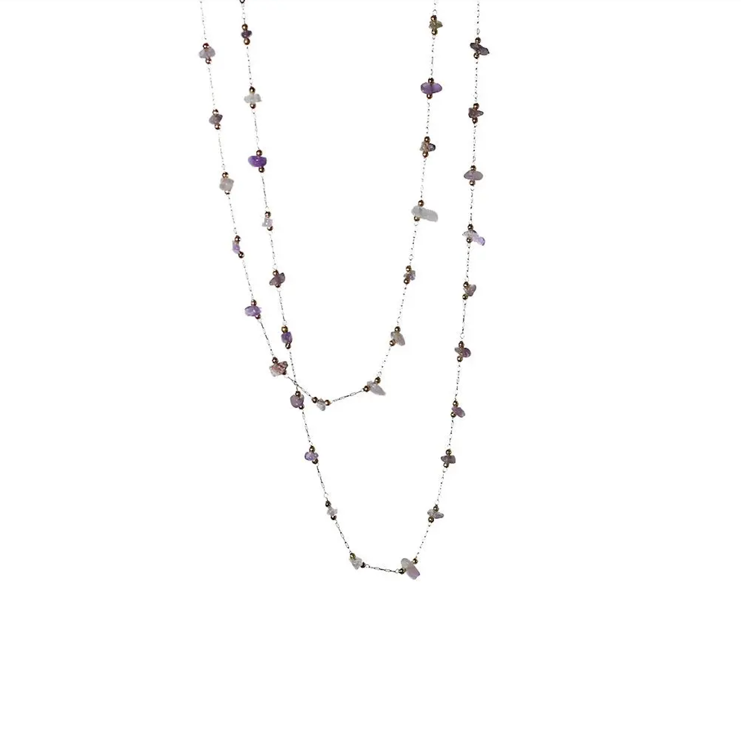 Bohemian style 18K gold plated necklace with delicate natural amethyst chips and raw purple gemstone fragments for layering