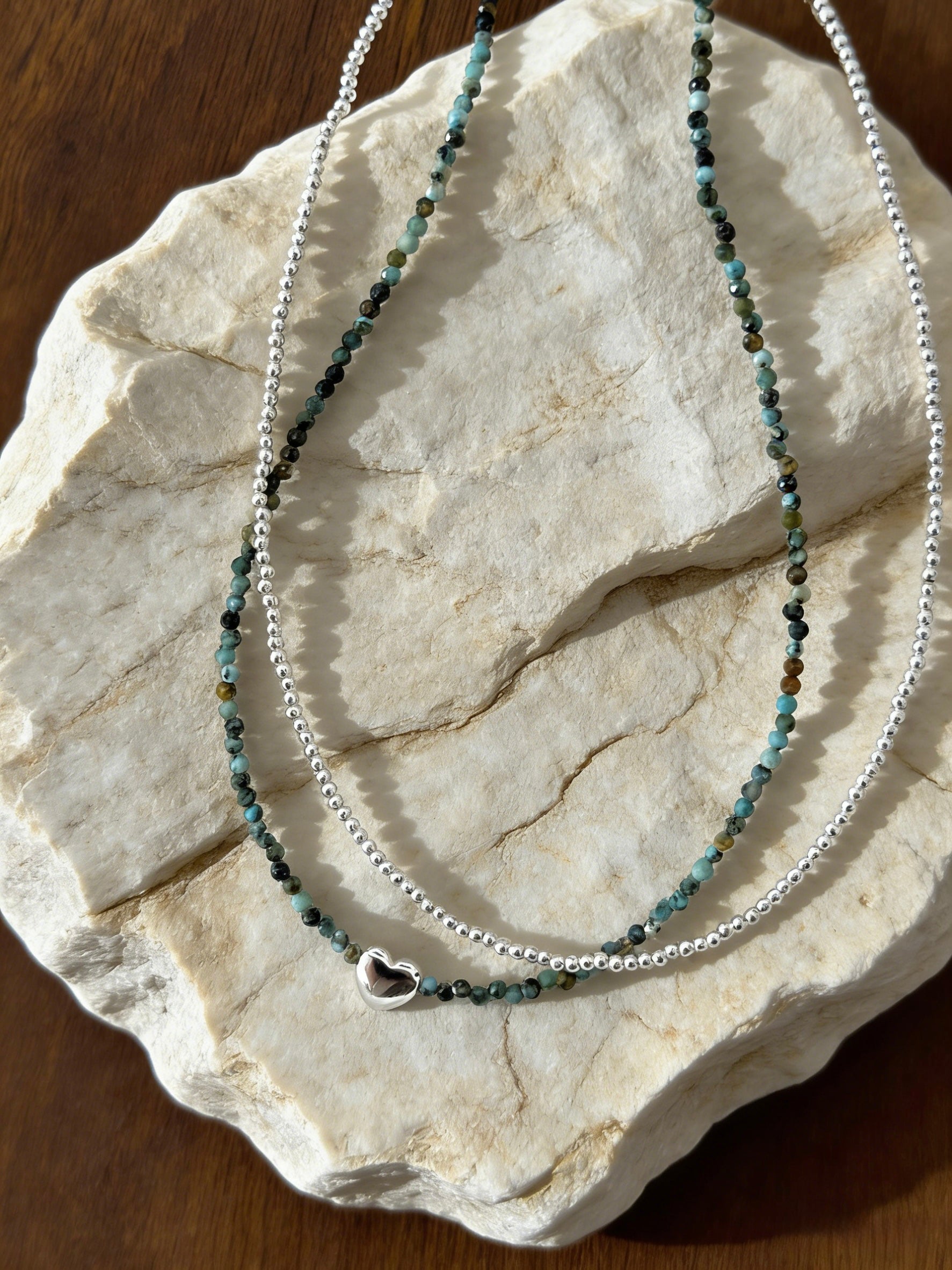 Natural Turquoise & Silver Bead Layered Necklace, Dainty Layering Jewelry for Women