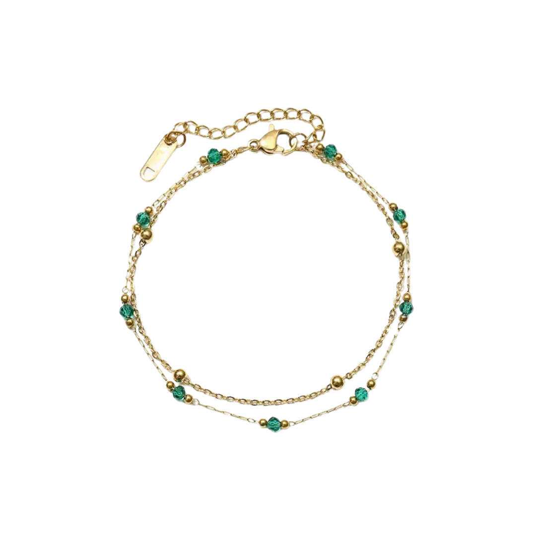 18K gold plated stainless steel double layer bracelet featuring alternating gold beads and emerald green crystal accents. Waterproof Green Bead Stacking Bracelet, Tarnish Free Boho Jewelry