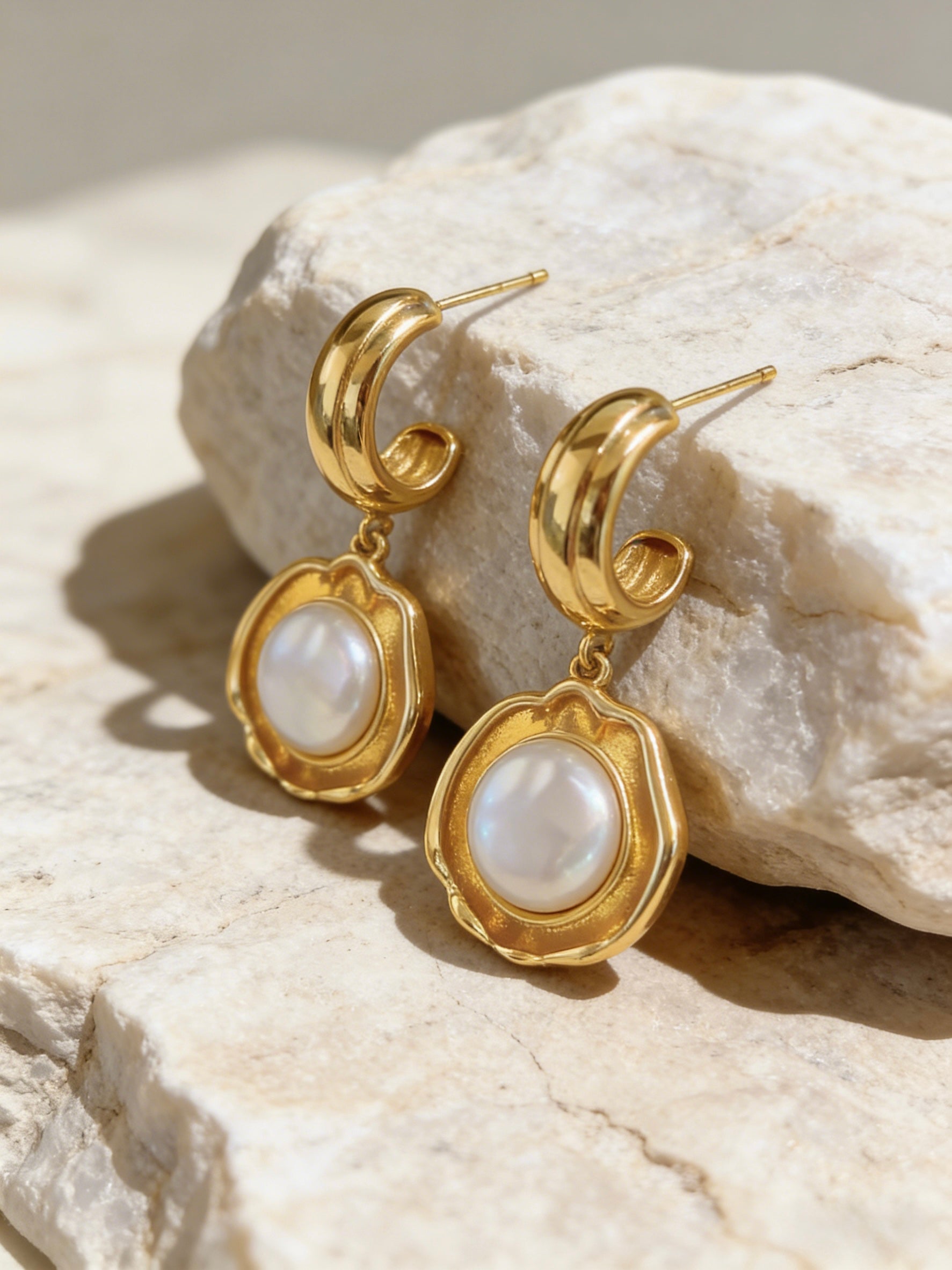 Luxury 18K gold plated statement earrings with large freshwater button pearls and retro swirl hoops featuring S925 sterling silver posts