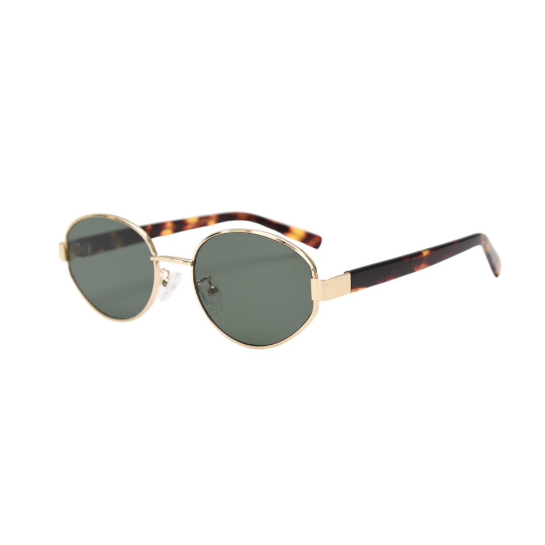Oval polarized sunglasses with gold metal frame, dark green lenses, and tortoiseshell temples featuring UV protection. Vintage-style gold oval sunglasses with forest green polarized lenses and 100% UV protection.