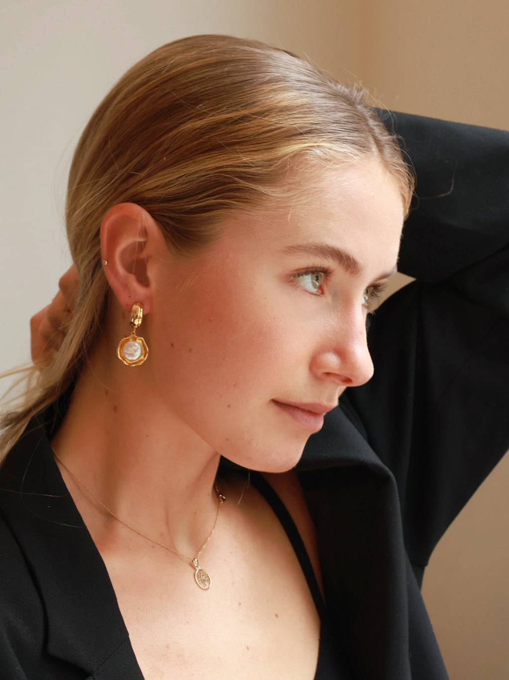 Luxury 18K gold plated statement earrings with large freshwater button pearls and retro swirl hoops featuring S925 sterling silver posts