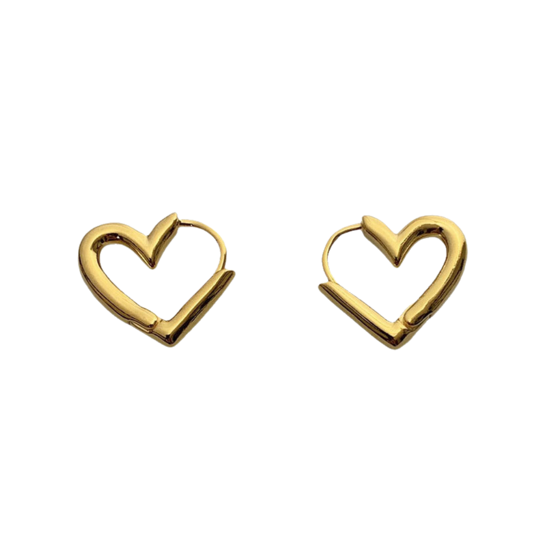 Pair of minimalist 18K gold plated heart hoop earrings featuring unique V-shape architectural lines and S925 sterling silver posts for sensitive ears