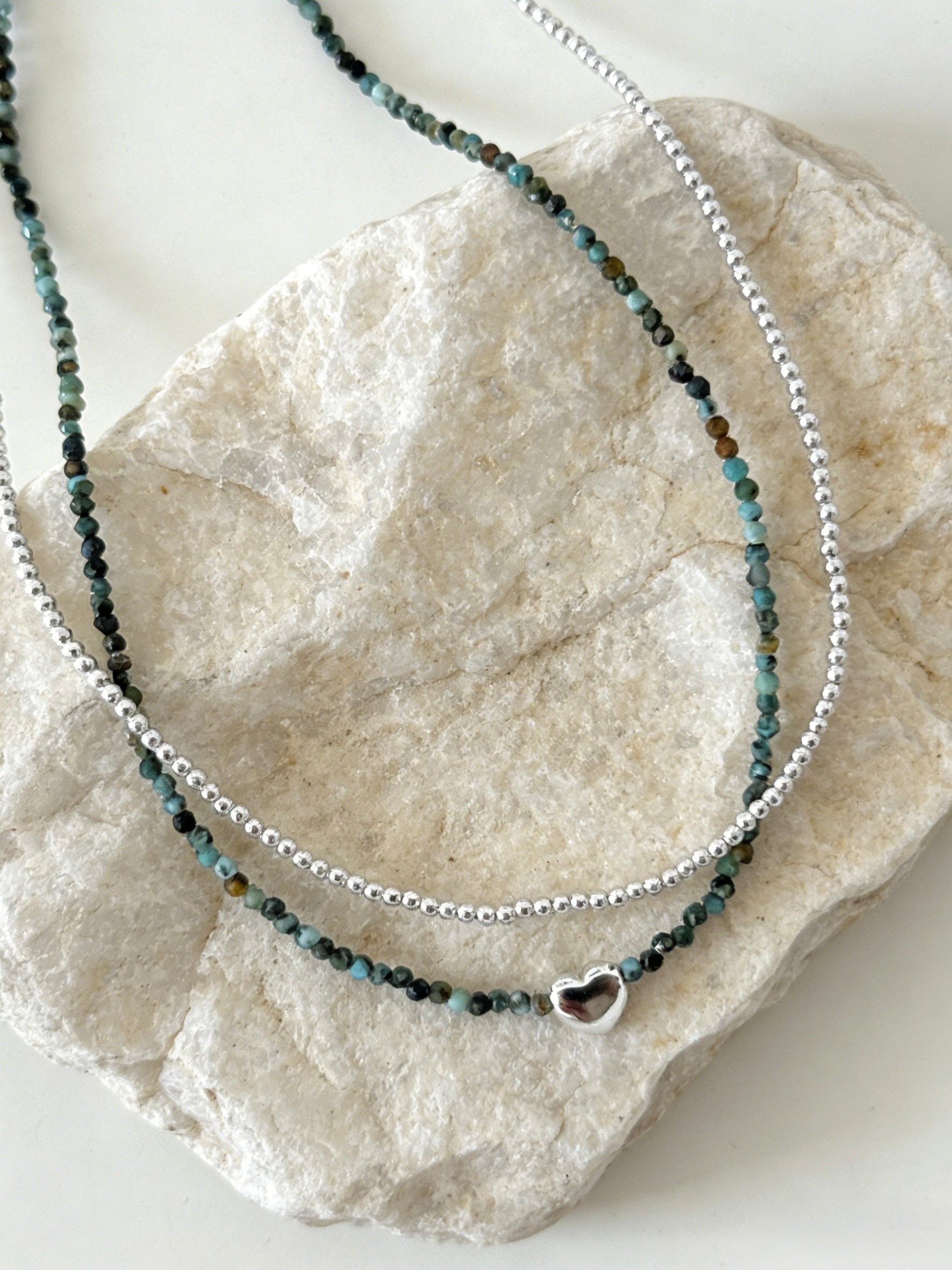 Natural Turquoise & Silver Bead Layered Necklace, Dainty Layering Jewelry for Women