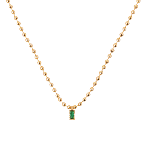 Gold plated beaded chain necklace with emerald cut green pendant, dainty minimalist jewelry. Trendy gold plated ball chain necklace with emerald green rectangular pendant, delicate everyday wear.