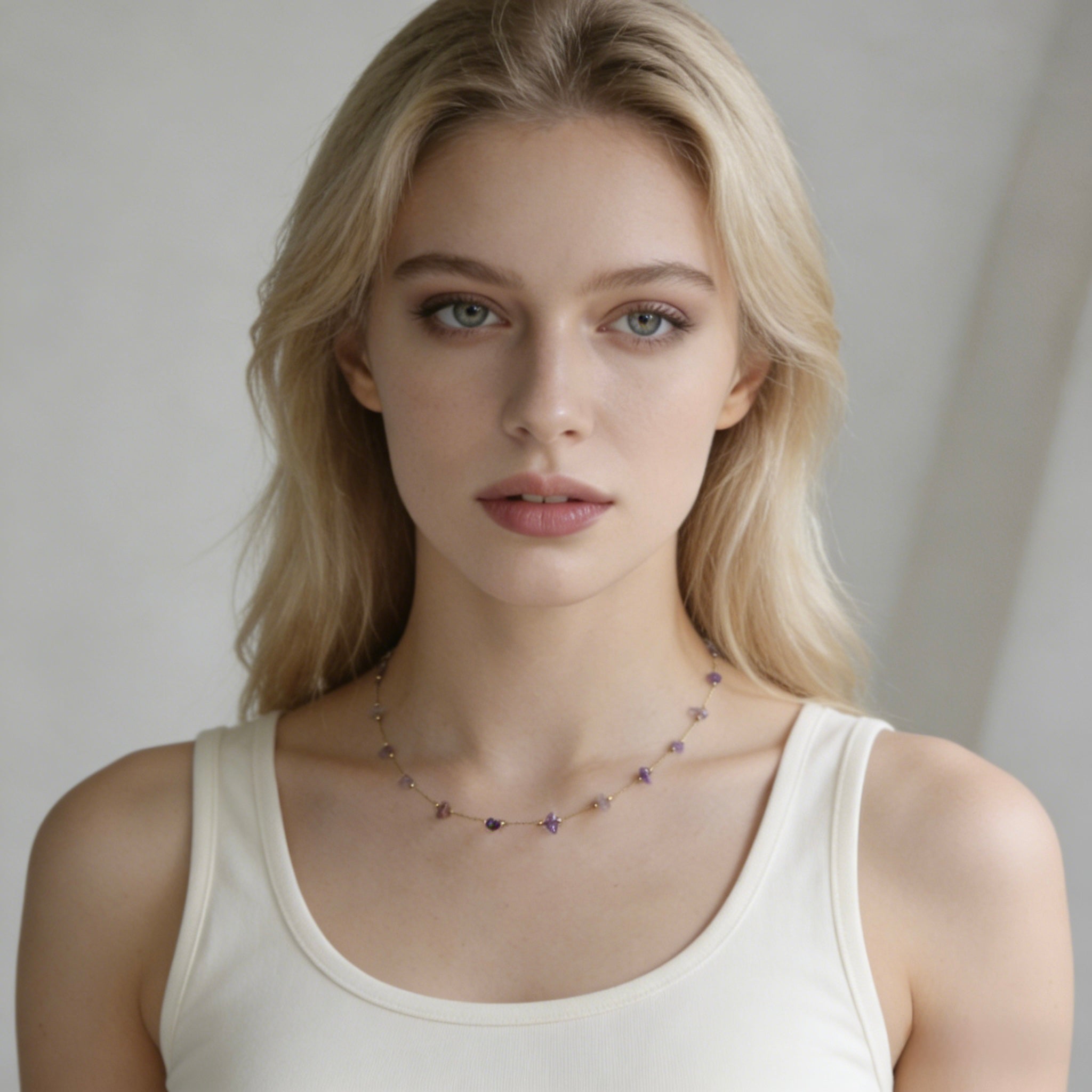 Bohemian style 18K gold plated necklace with delicate natural amethyst chips and raw purple gemstone fragments for layering