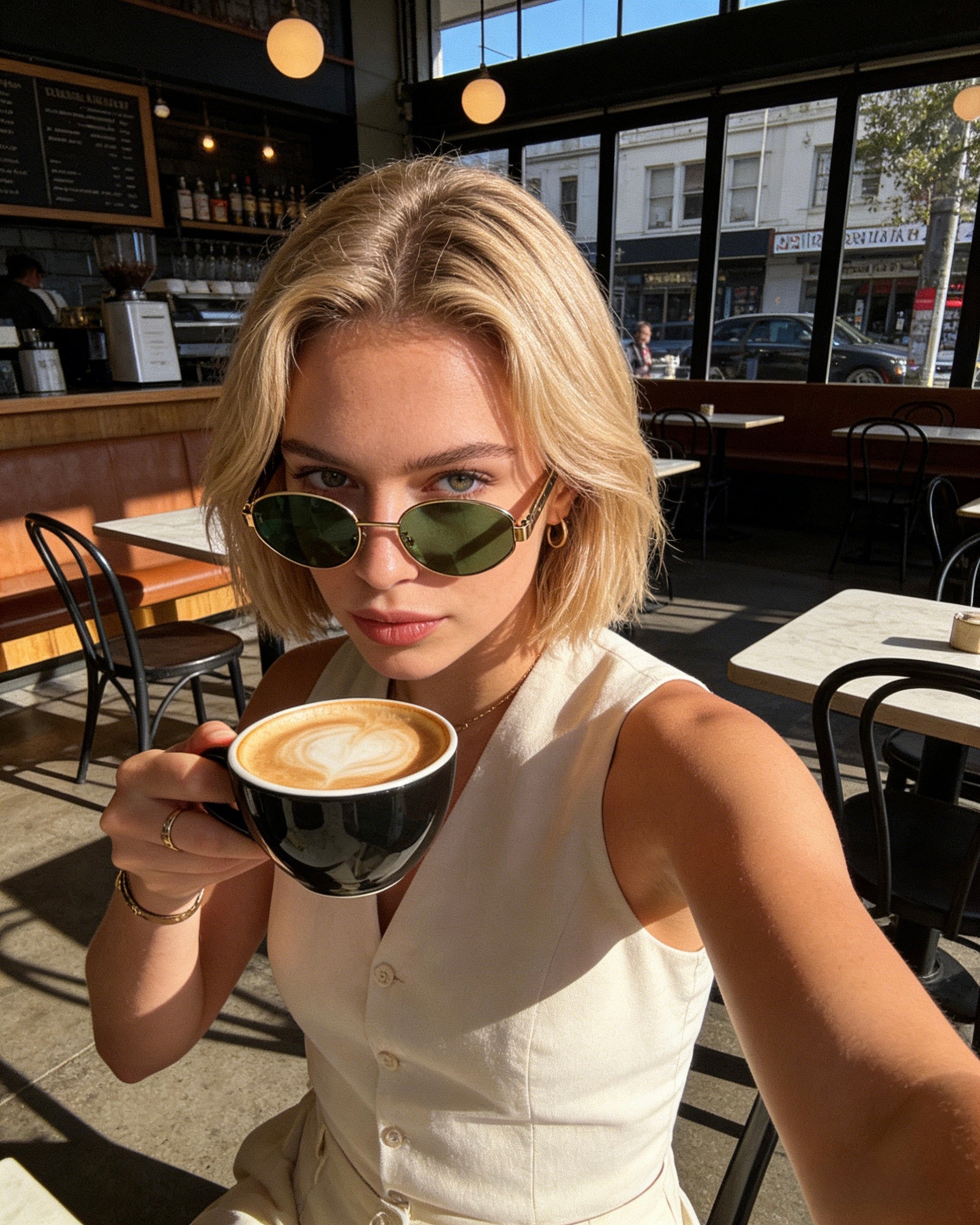 Oval polarized sunglasses with gold metal frame, dark green lenses, and tortoiseshell temples featuring UV protection. Vintage-style gold oval sunglasses with forest green polarized lenses and 100% UV protection.