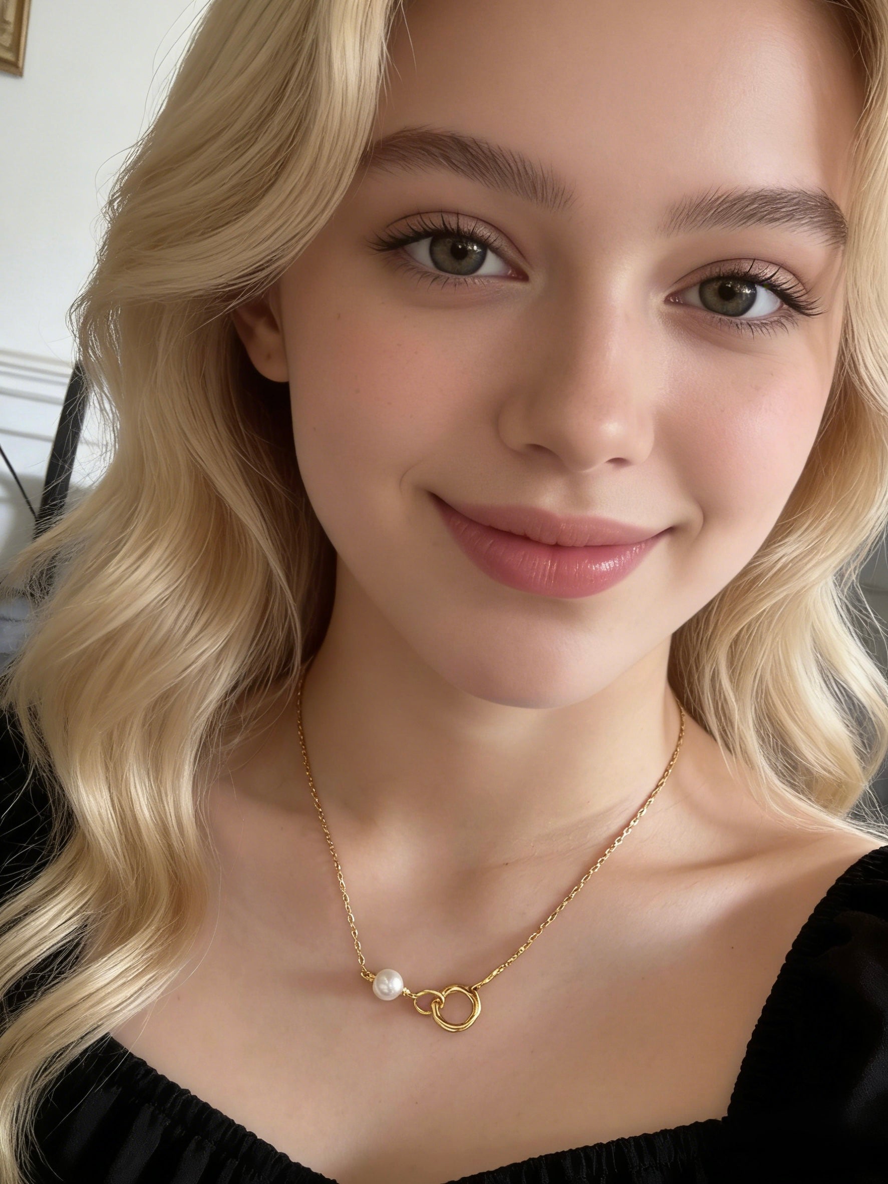 18k Gold Plated & Sterling Silver Interlocking Ring Pearl Pendant Necklaces, Dainty Minimalist Jewelry. Minimalist Pearl Pendant Necklace with Interlocking Rings, Everyday Wear Delicate Chain