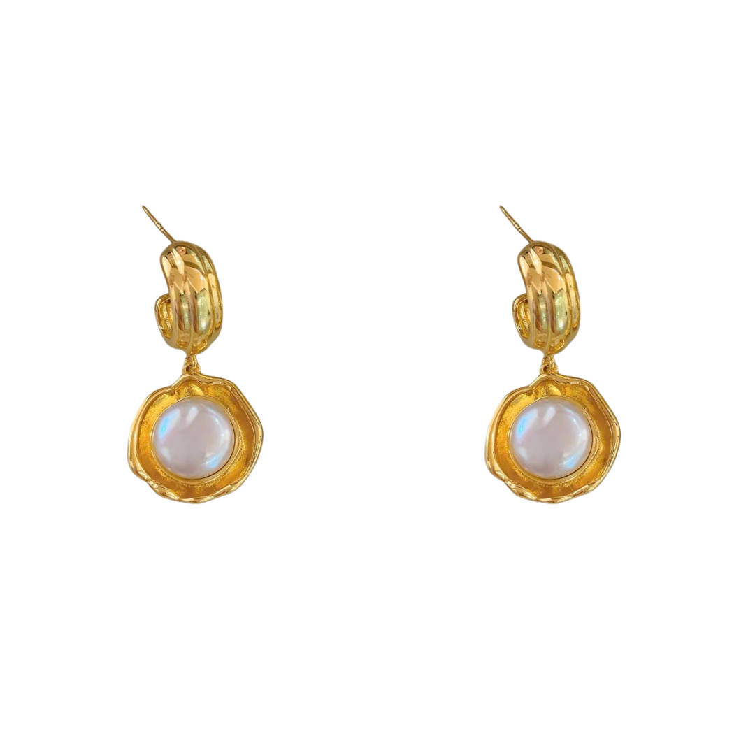 Luxury 18K gold plated statement earrings with large freshwater button pearls and retro swirl hoops featuring S925 sterling silver posts