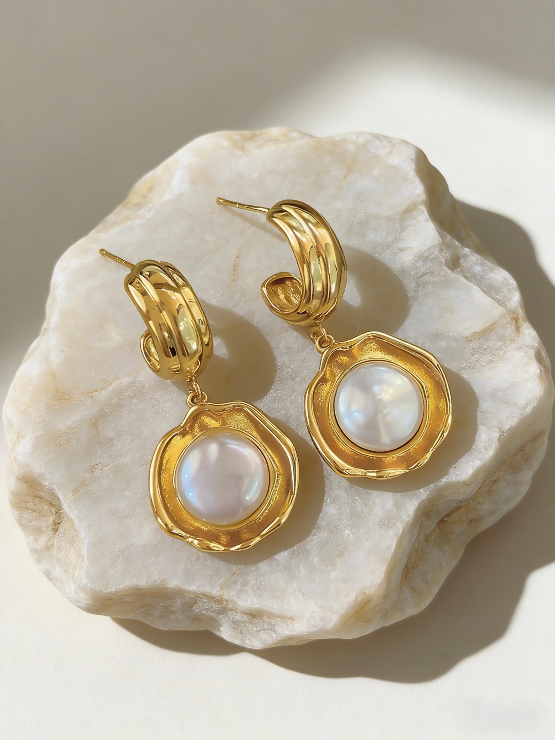 Luxury 18K gold plated statement earrings with large freshwater button pearls and retro swirl hoops featuring S925 sterling silver posts