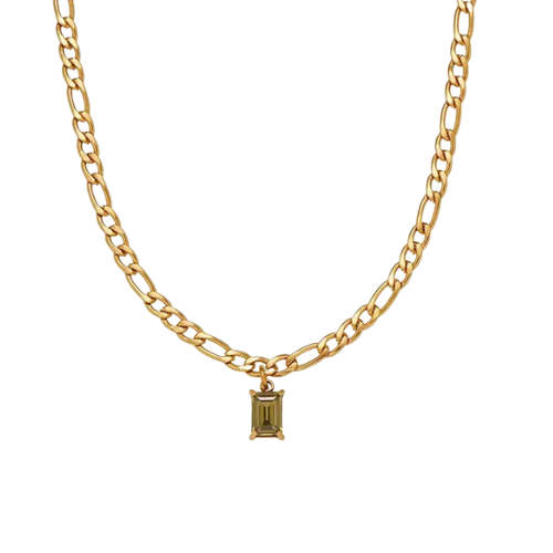 Dainty Gold Chain Necklace with Olive Green Baguette Cut Crystal Pendant. Minimalist Gold Layering Necklace, Olive Green Emerald Cut Statement Pendant.