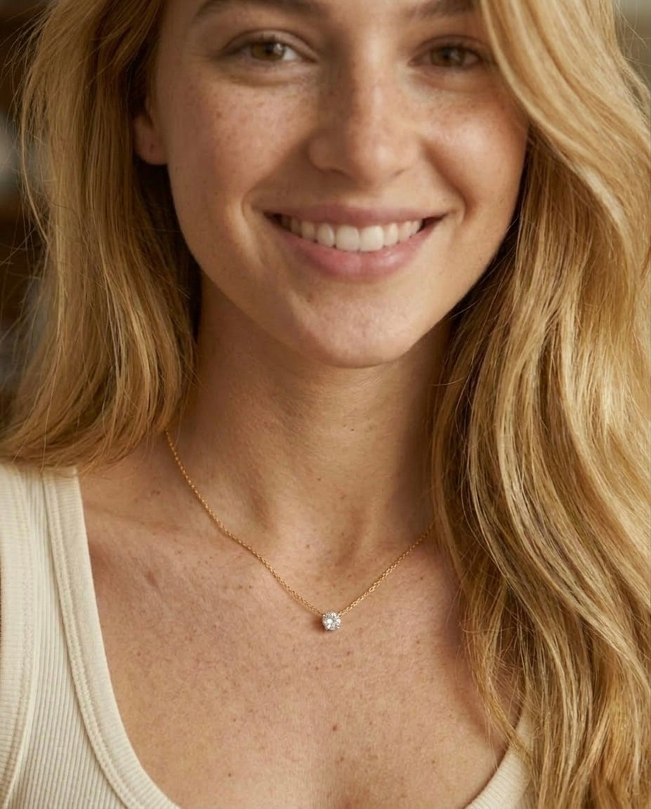 18K gold plated stainless steel necklace with a single round sparkling zircon solitaire pendant. Dainty Solitaire Diamond Necklace, 18K Gold Plated Stainless Steel, Waterproof Sparkly Round Zircon Pendant, Tarnish Free Everyday Jewelry