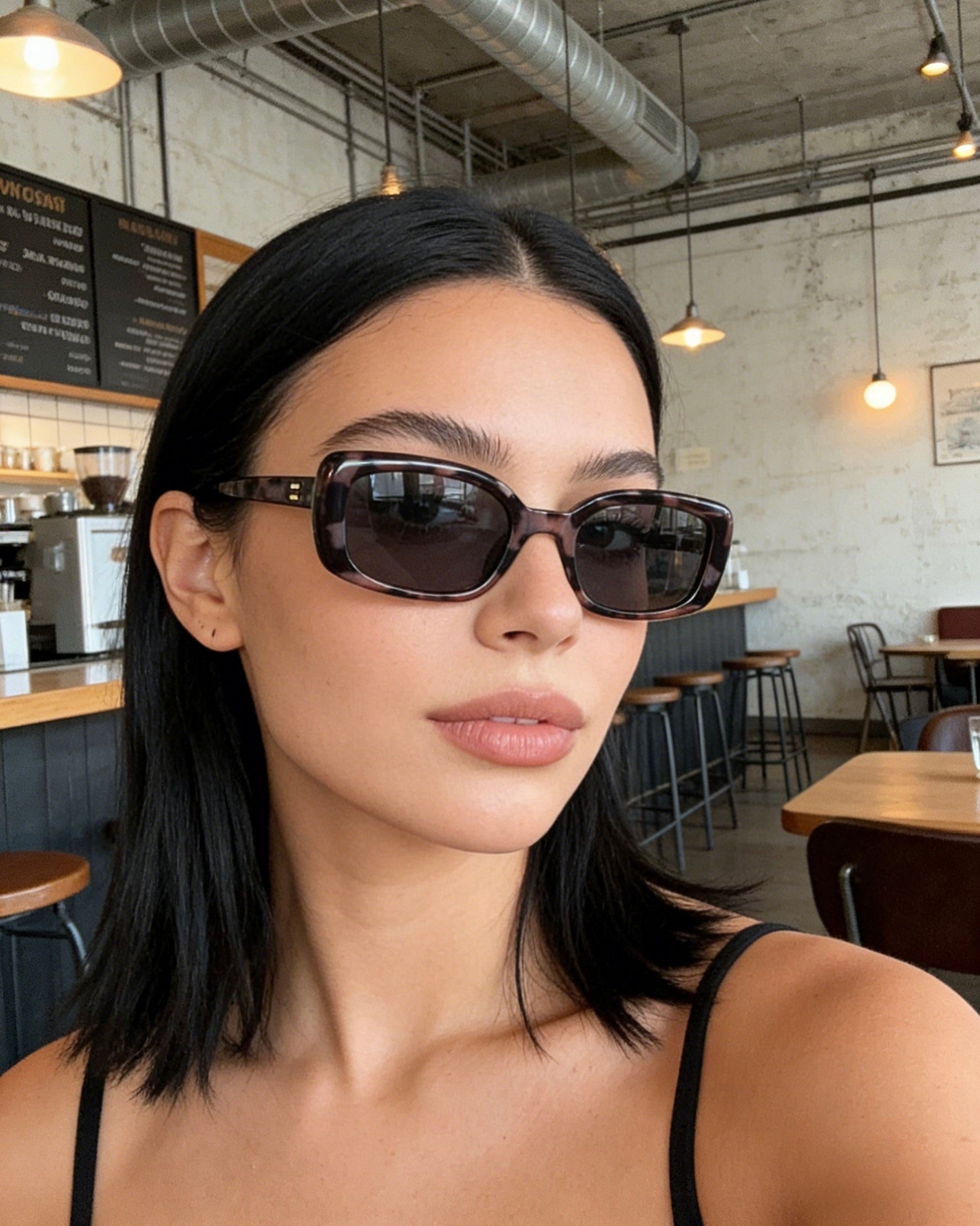Smoky purple tortoise frame rectangle sunglasses featuring polarized lenses and 100% UV protection, modern aesthetic retro sunglasses.