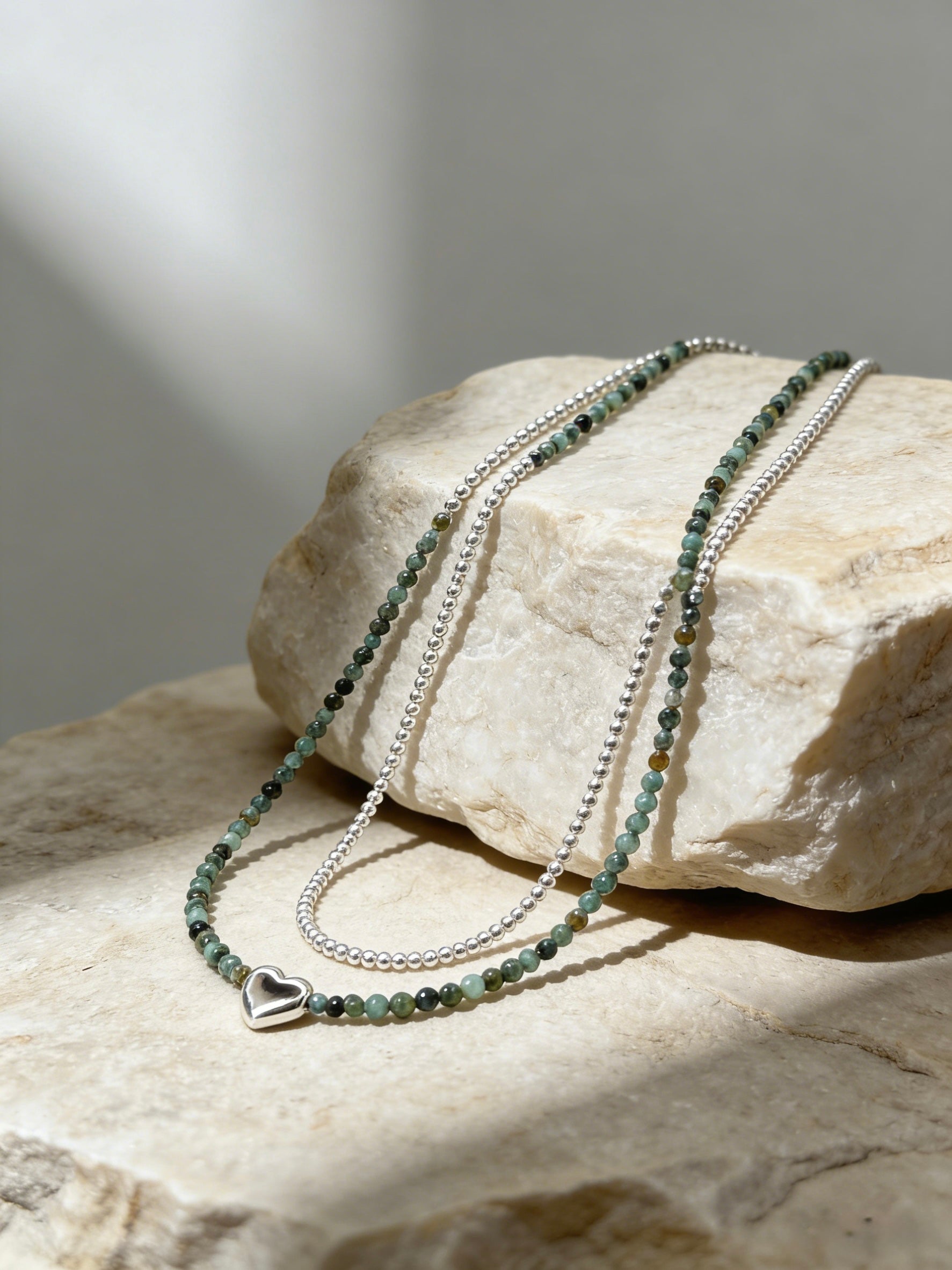 Natural Turquoise & Silver Bead Layered Necklace, Dainty Layering Jewelry for Women