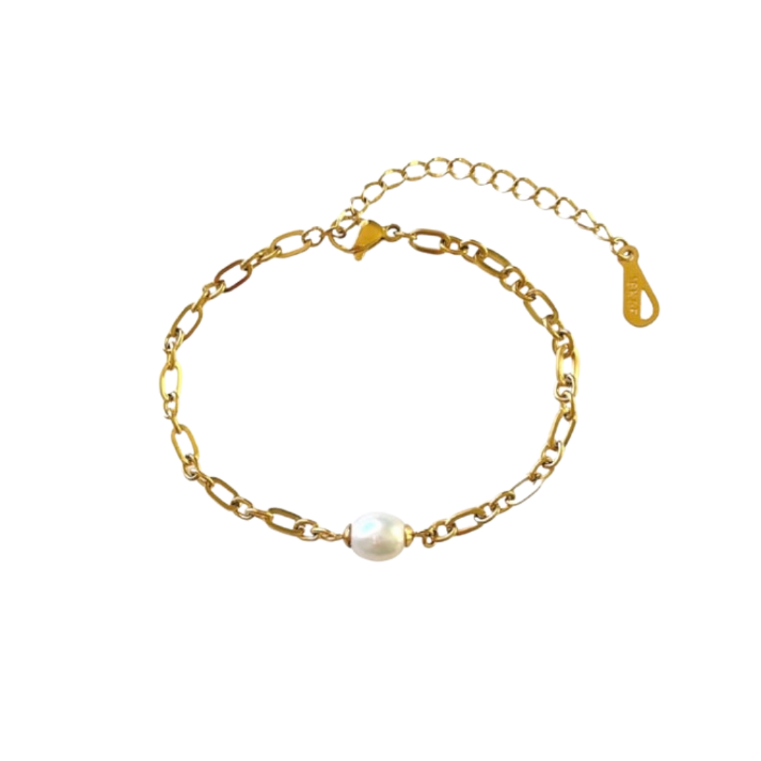 18K gold plated stainless steel link bracelet with a single freshwater pearl center minimalist gold chain jewelry for women. Bridal gift for her.
