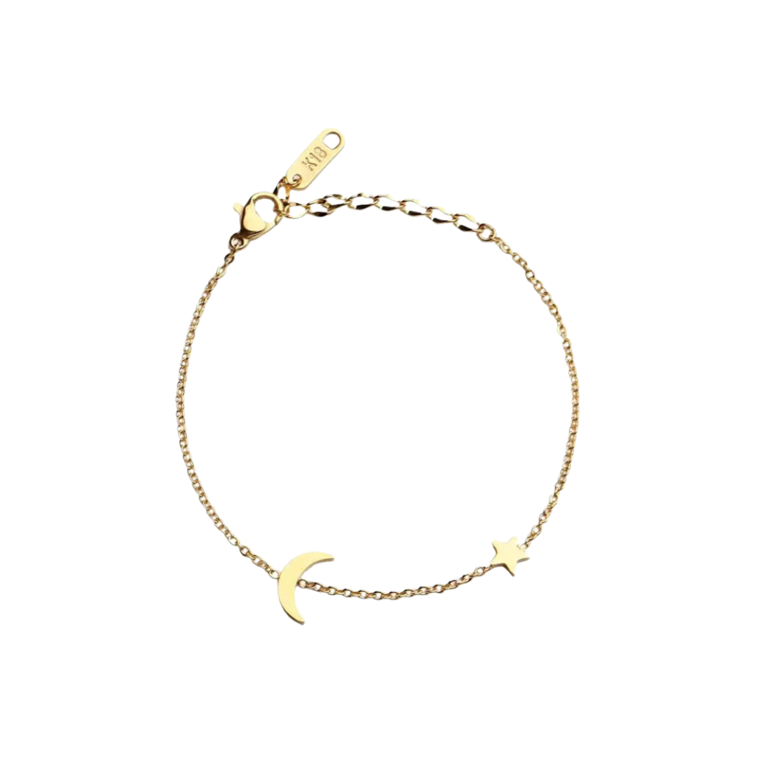 18K gold plated stainless steel celestial bracelet featuring a small crescent moon and star charm, dainty gold cable chain jewelry