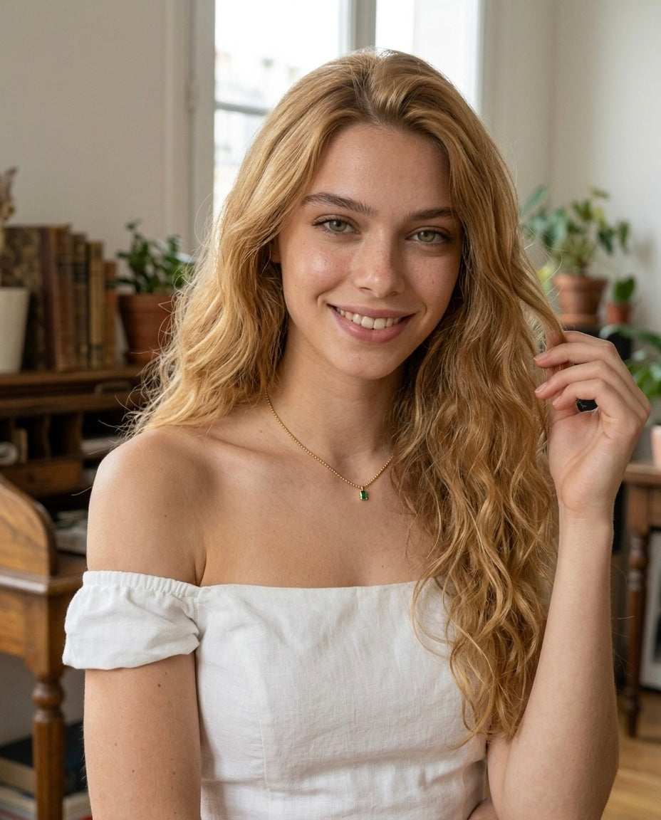 Gold plated beaded chain necklace with emerald cut green pendant, dainty minimalist jewelry. Trendy gold plated ball chain necklace with emerald green rectangular pendant, delicate everyday wear.