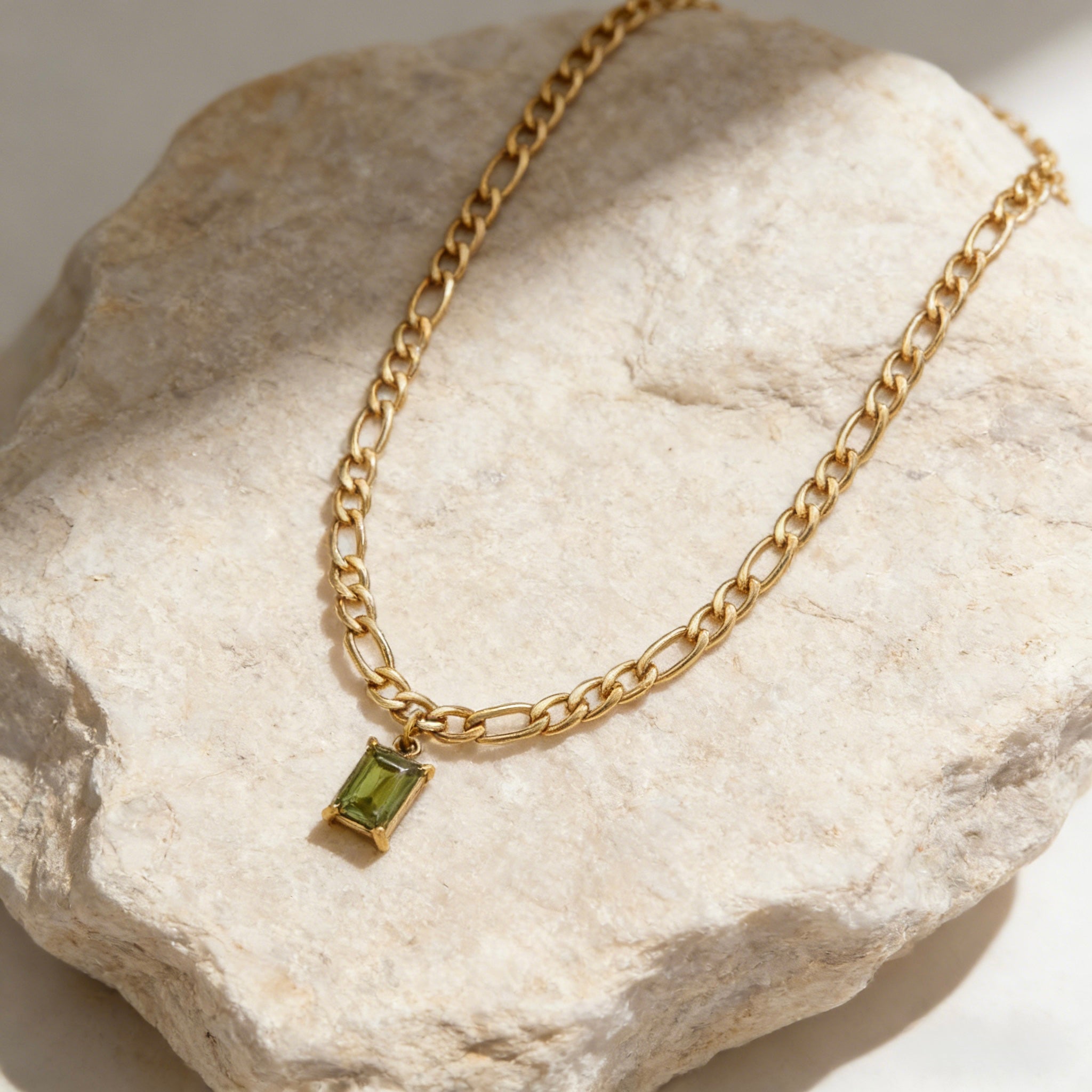 Dainty Gold Chain Necklace with Olive Green Baguette Cut Crystal Pendant. Minimalist Gold Layering Necklace, Olive Green Emerald Cut Statement Pendant.
