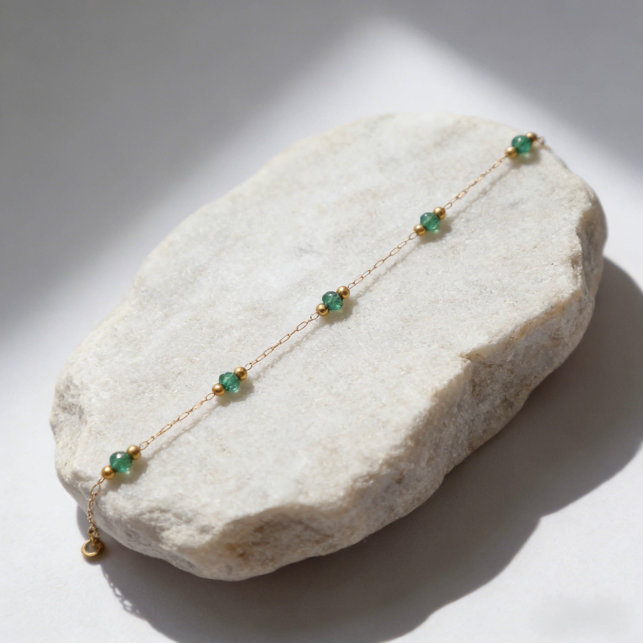 Dainty 18K gold plated chain bracelet featuring faceted natural emerald green gemstone beads. Natural Stone Jewelry for Her, Minimalist Everyday Layering, Boho Chic Stacking Bracelet
