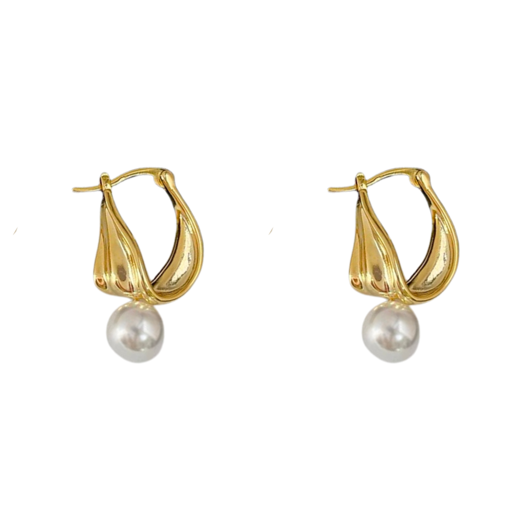 Modern 18K gold plated ribbon twist earrings with S925 sterling silver posts and a natural freshwater pearl drop on a clean white background