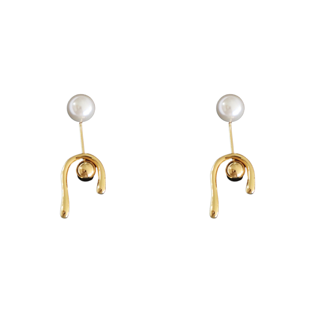 Modern 18K gold plated earrings with a minimalist round pearl stud and a melted liquid-style U-shaped drop featuring S925 sterling silver posts