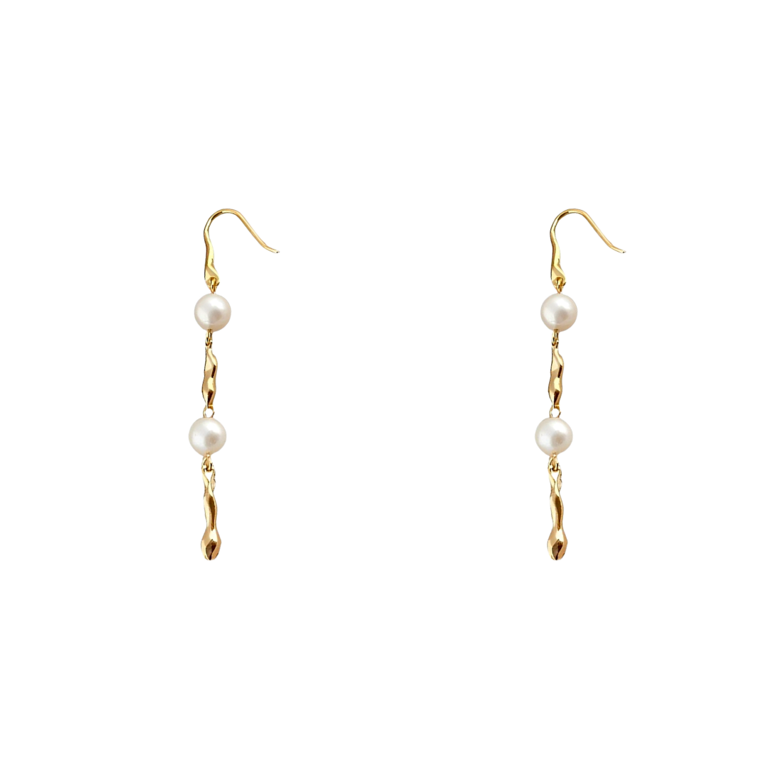 Elegant long 18K gold plated drop earrings featuring fluid melted metal bars and two lustrous white freshwater pearls with S925 sterling silver post.
