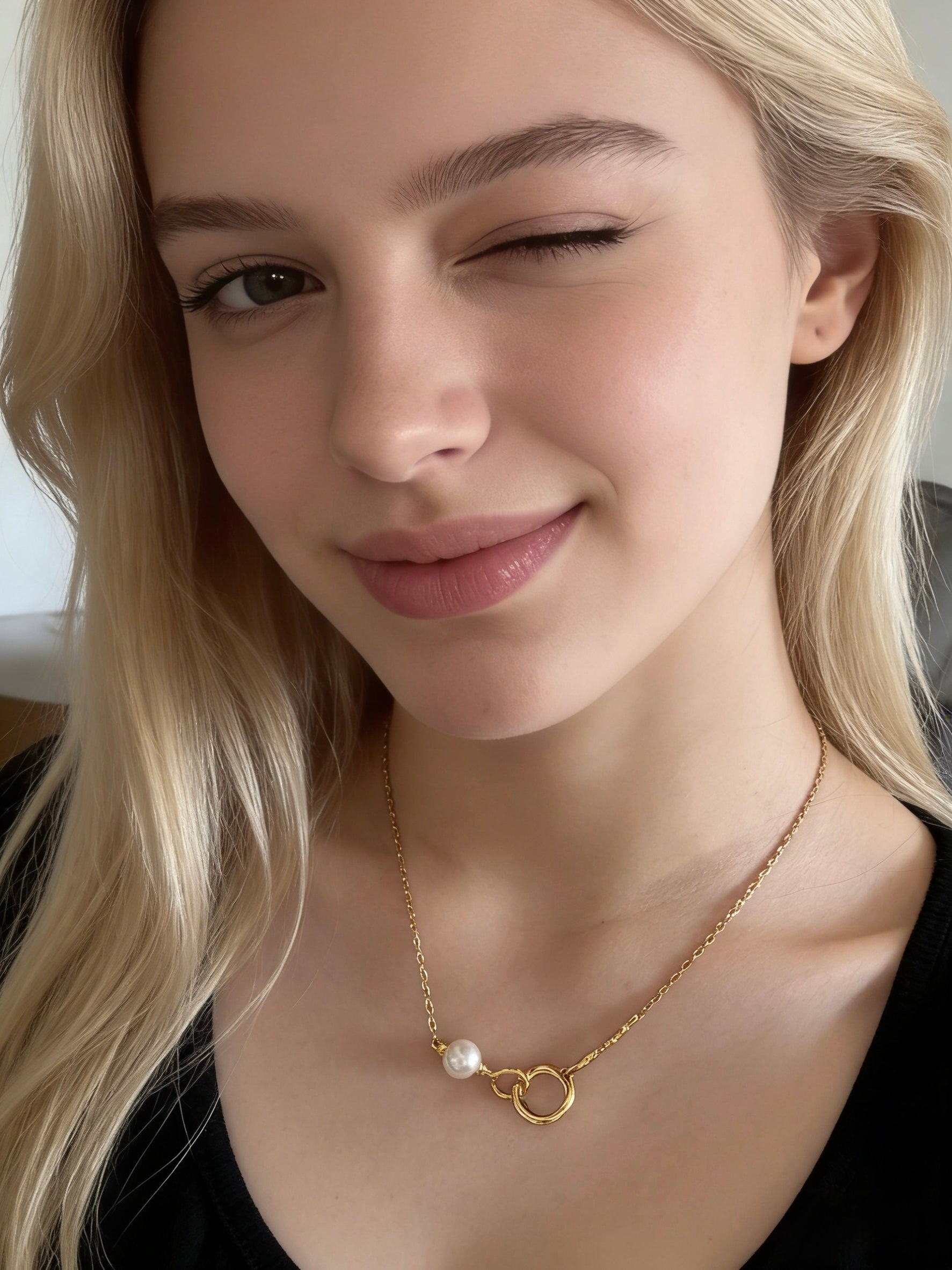 18k Gold Plated & Sterling Silver Interlocking Ring Pearl Pendant Necklaces, Dainty Minimalist Jewelry. Minimalist Pearl Pendant Necklace with Interlocking Rings, Everyday Wear Delicate Chain