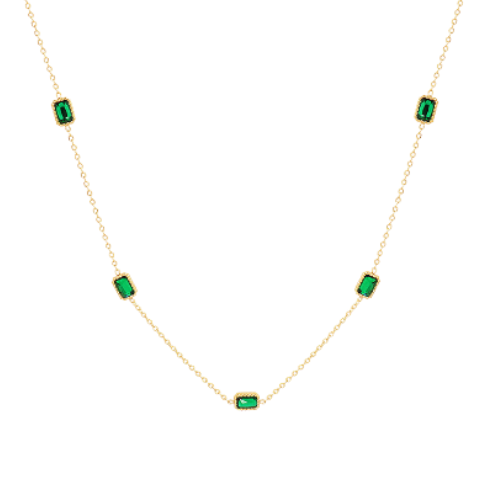 18K gold plated stainless steel necklace with five rectangular emerald green zircon station pendants