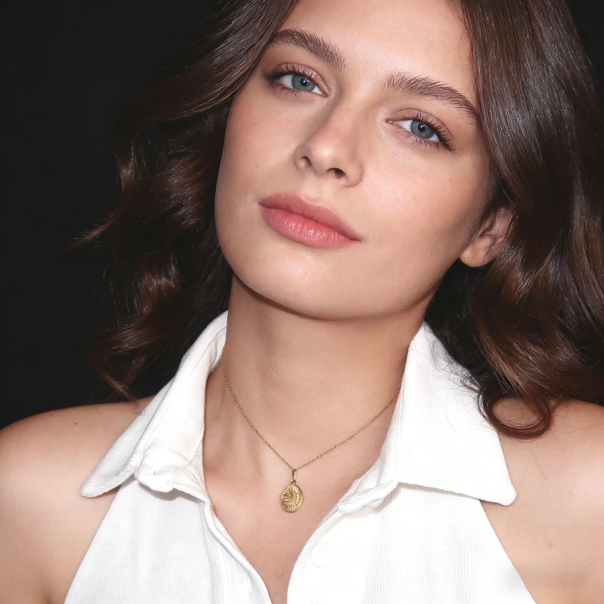 18K gold plated stainless steel necklace with an oval celestial coin pendant featuring a crescent moon and starburst engraving. Vintage Celestial Moon Necklace, 18K Gold Plated Stainless Steel, Waterproof Crescent Moon Coin Pendant, Tarnish Free Sunburst Medallion, Starry Boho Jewelry Gift for Her.
