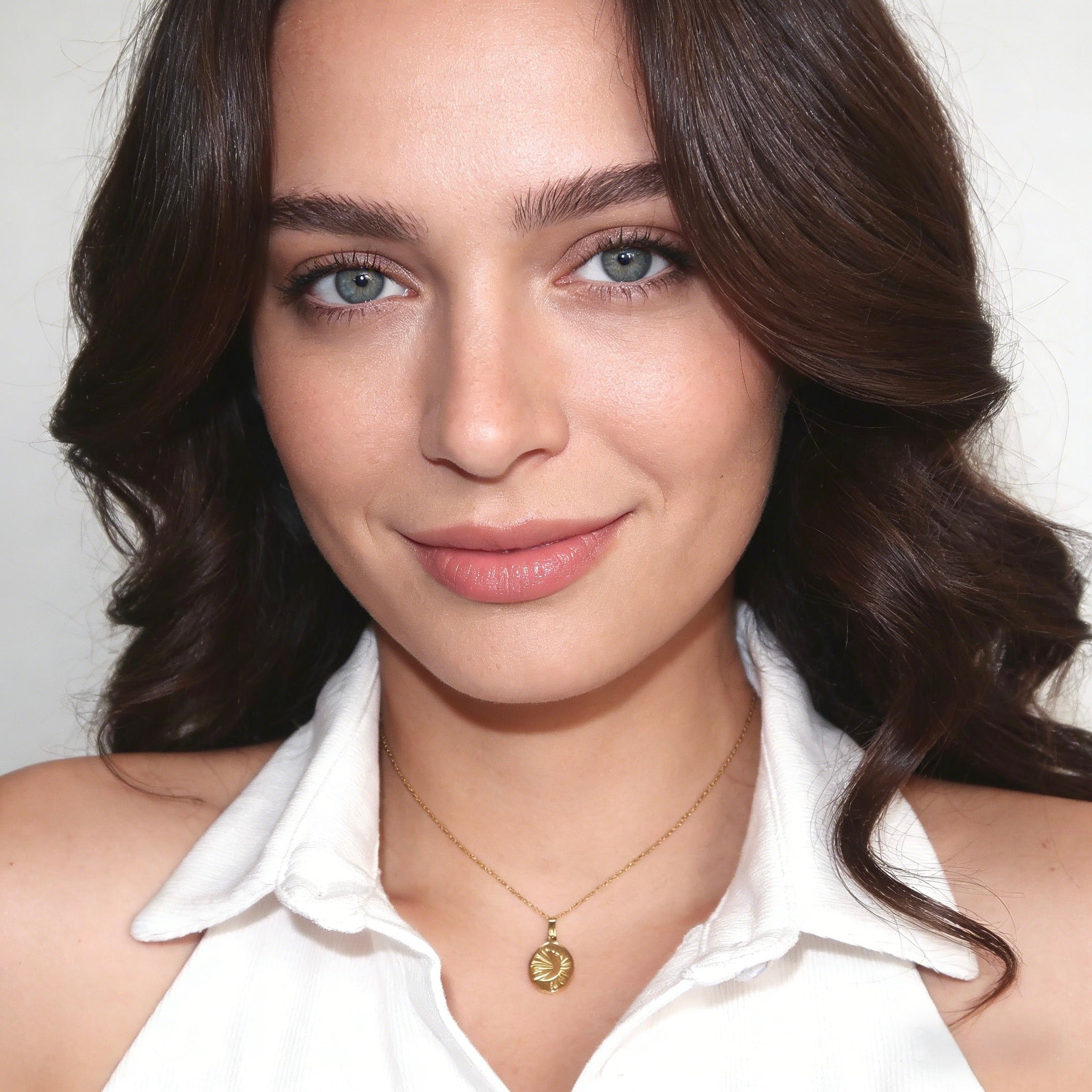 18K gold plated stainless steel necklace with an oval celestial coin pendant featuring a crescent moon and starburst engraving. Vintage Celestial Moon Necklace, 18K Gold Plated Stainless Steel, Waterproof Crescent Moon Coin Pendant, Tarnish Free Sunburst Medallion, Starry Boho Jewelry Gift for Her.