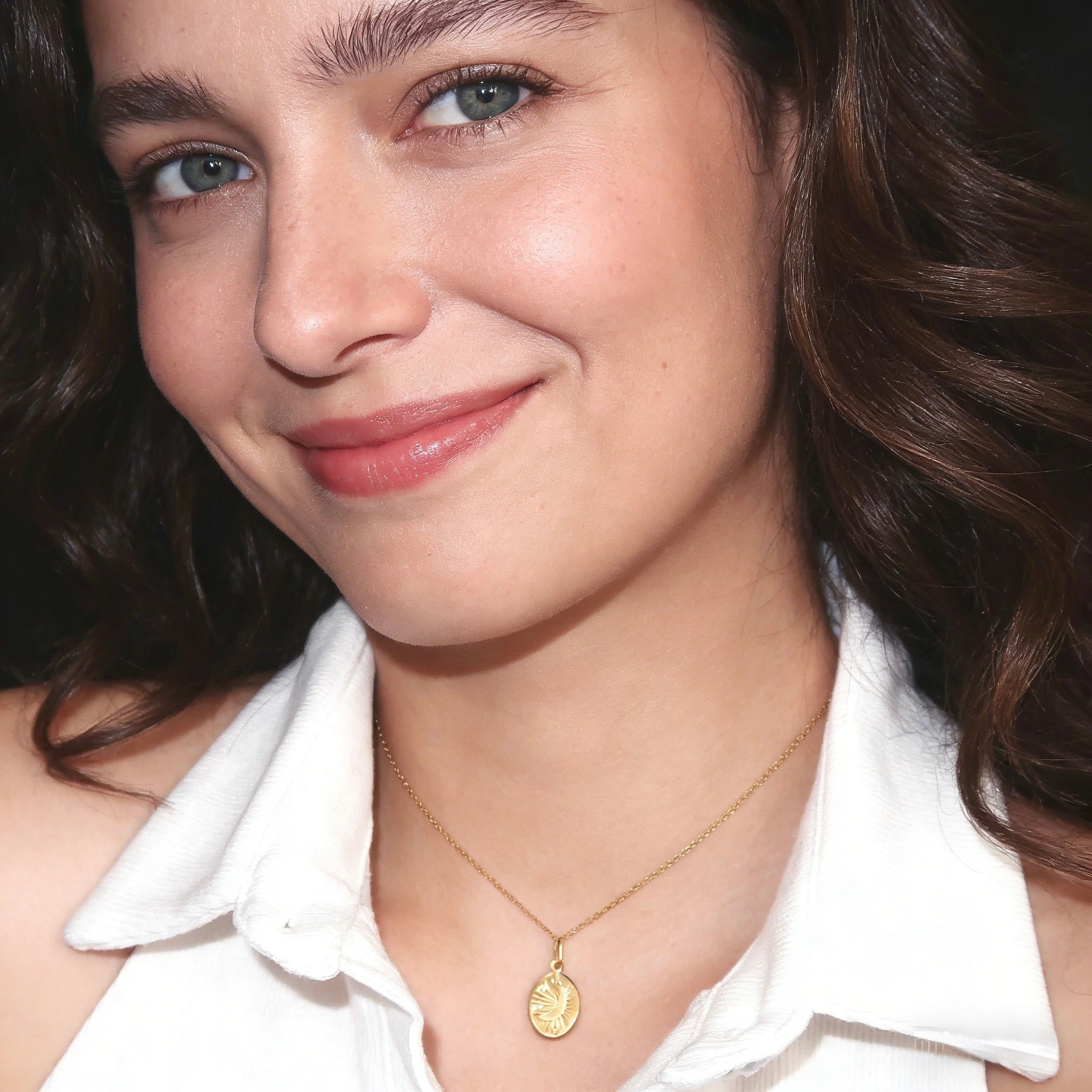 18K gold plated stainless steel necklace with an oval celestial coin pendant featuring a crescent moon and starburst engraving. Vintage Celestial Moon Necklace, 18K Gold Plated Stainless Steel, Waterproof Crescent Moon Coin Pendant, Tarnish Free Sunburst Medallion, Starry Boho Jewelry Gift for Her.