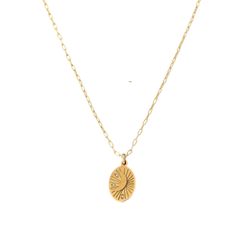18K gold plated stainless steel necklace with an oval celestial coin pendant featuring a crescent moon and starburst engraving. Vintage Celestial Moon Necklace, 18K Gold Plated Stainless Steel, Waterproof Crescent Moon Coin Pendant, Tarnish Free Sunburst Medallion, Starry Boho Jewelry Gift for Her.