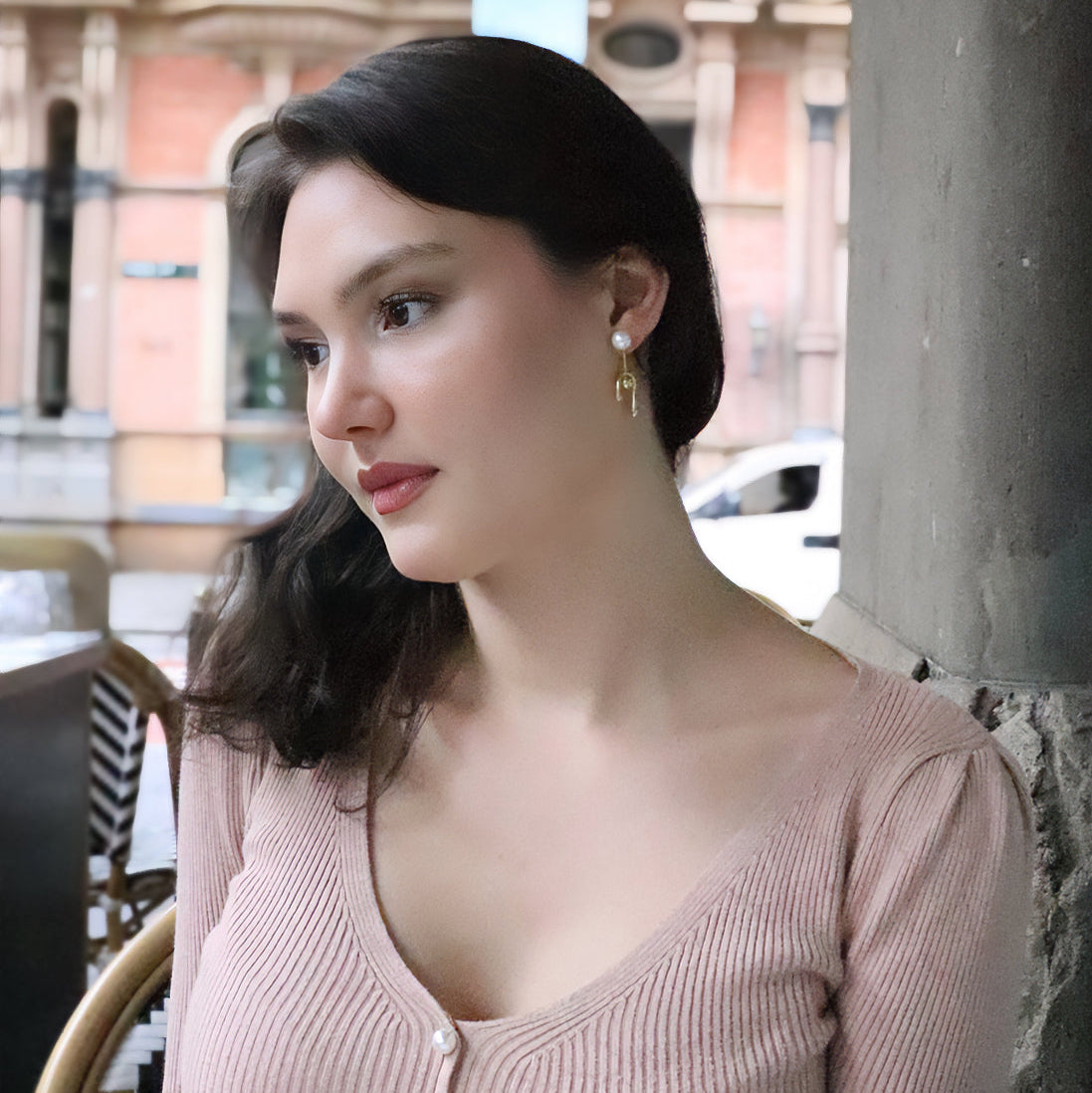 Modern 18K gold plated earrings with a minimalist round pearl stud and a melted liquid-style U-shaped drop featuring S925 sterling silver posts