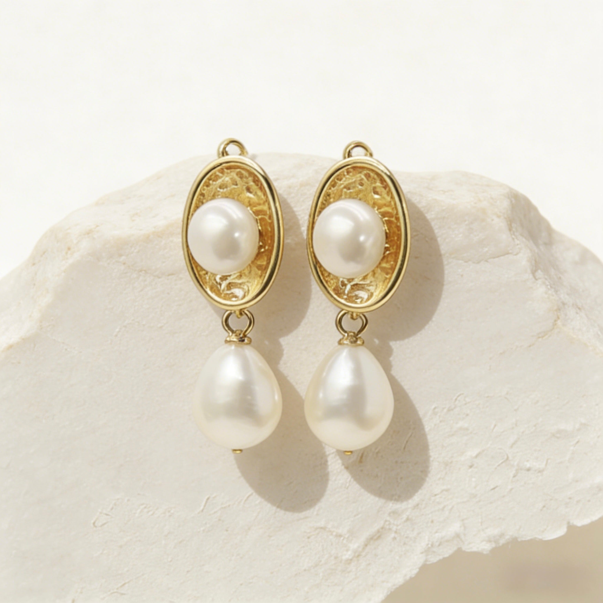 Vintage style oval 18K Gold Plated Freshwater Pearl earrings featuring freshwater pearls and teardrop pearl dangles.