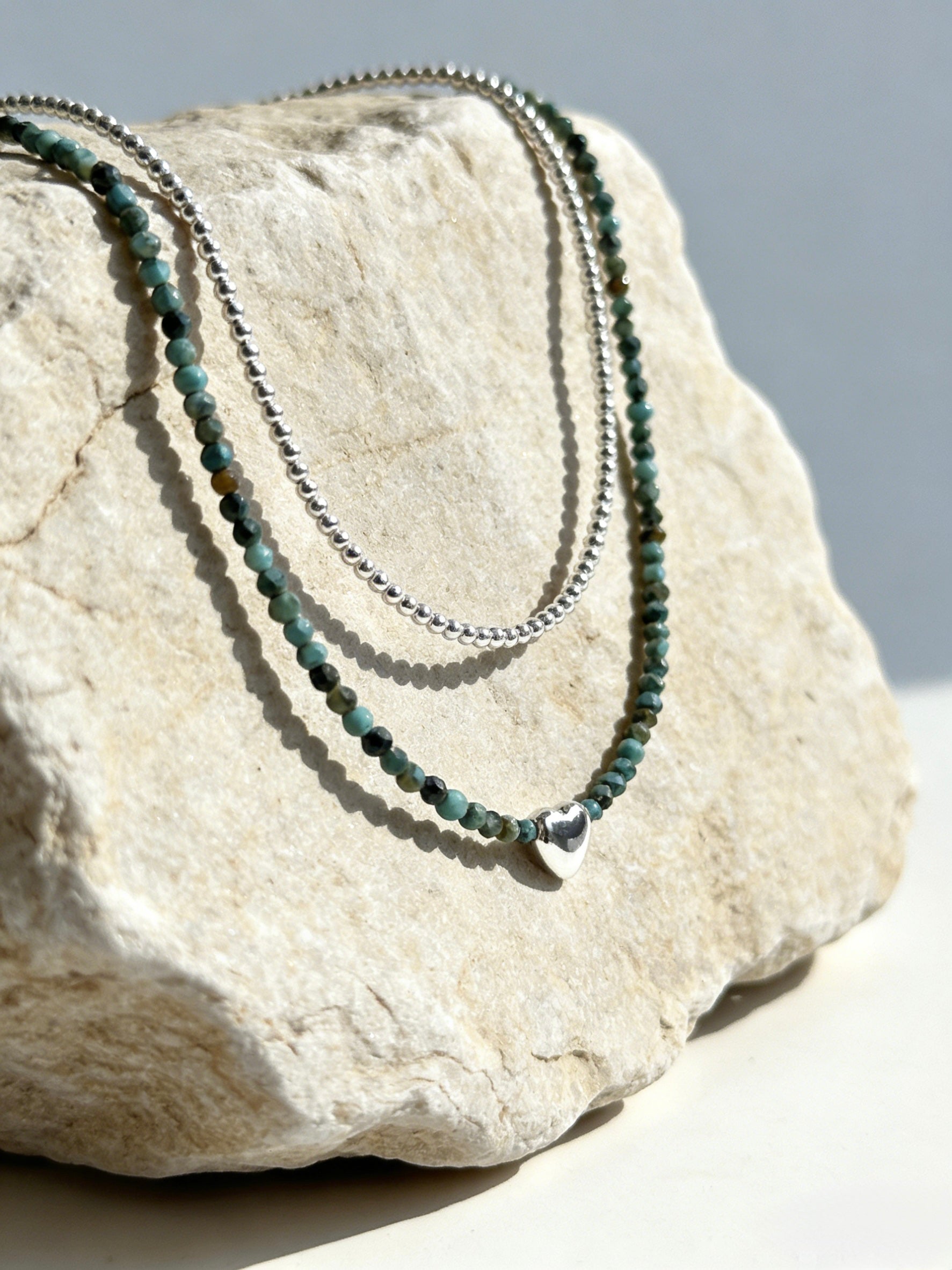 Natural Turquoise & Silver Bead Layered Necklace, Dainty Layering Jewelry for Women