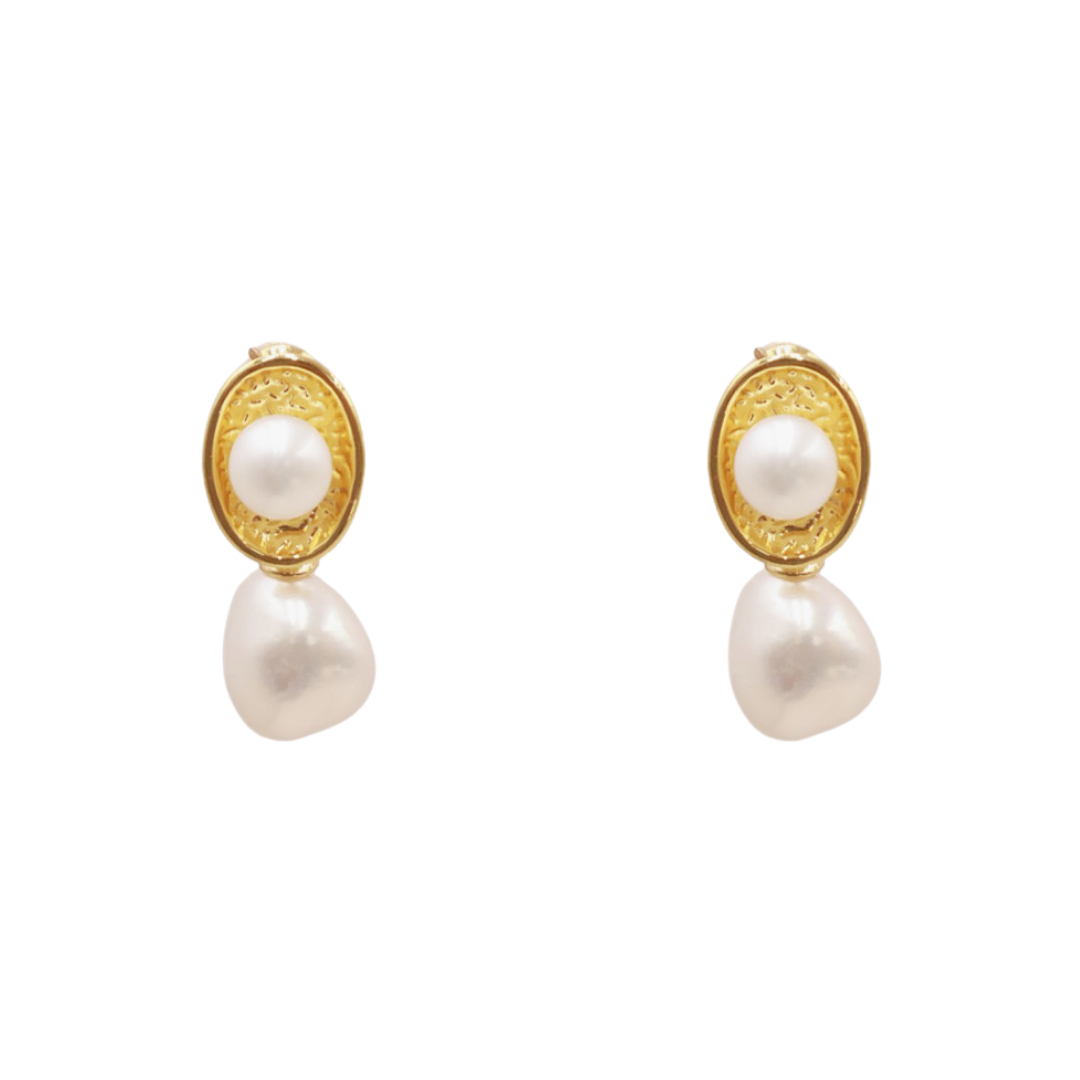 Vintage style oval 18K Gold Plated Freshwater Pearl earrings featuring freshwater pearls and teardrop pearl dangles.