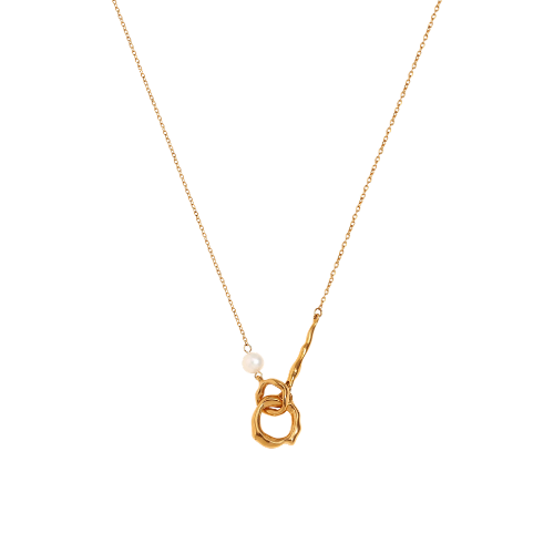 18k Gold Plated & Sterling Silver Interlocking Ring Pearl Pendant Necklaces, Dainty Minimalist Jewelry. Minimalist Pearl Pendant Necklace with Interlocking Rings, Everyday Wear Delicate Chain