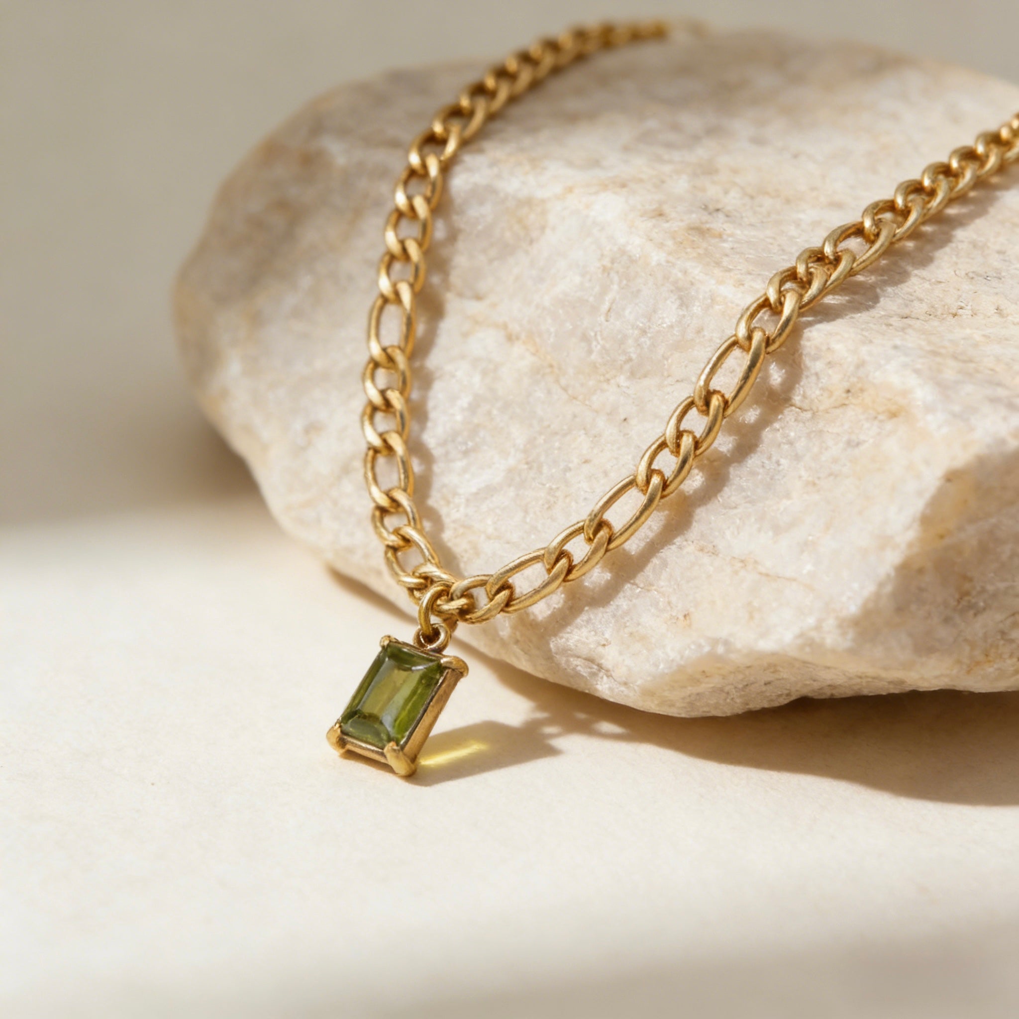 Dainty Gold Chain Necklace with Olive Green Baguette Cut Crystal Pendant. Minimalist Gold Layering Necklace, Olive Green Emerald Cut Statement Pendant.