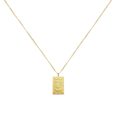 18K gold plated stainless steel tarot card necklace featuring "The Sun" pendant with sunburst and star engravings, dainty gold chain jewelry